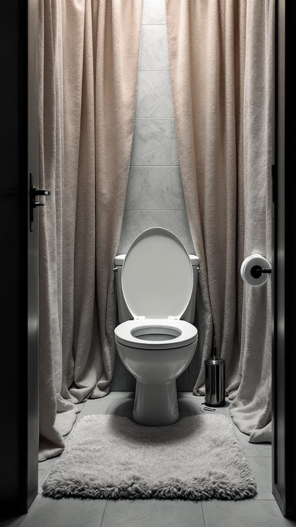 Small downstairs toilet featuring soft curtains and a plush rug.