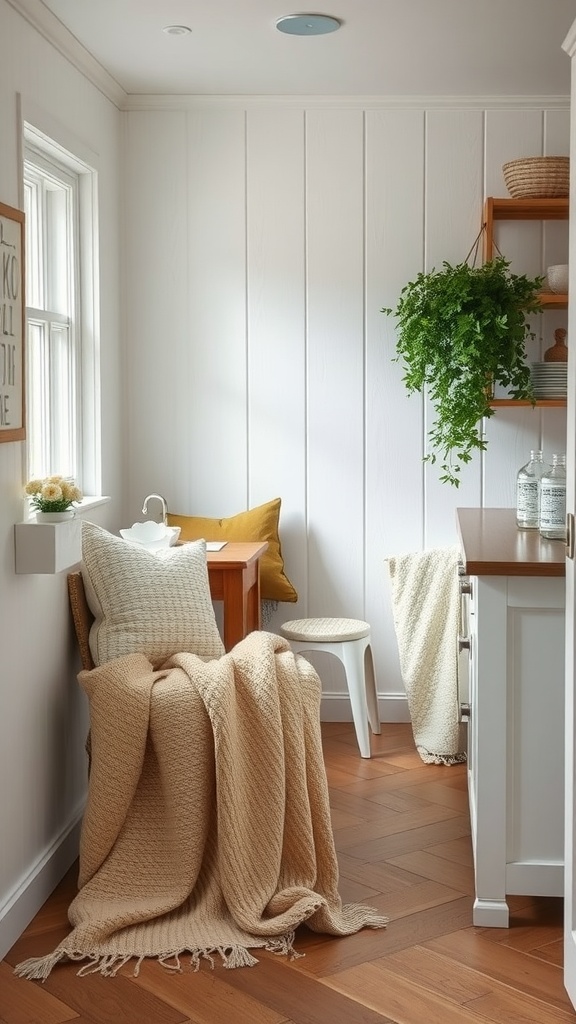 A cozy cottage kitchen corner with throw blankets and pillows.