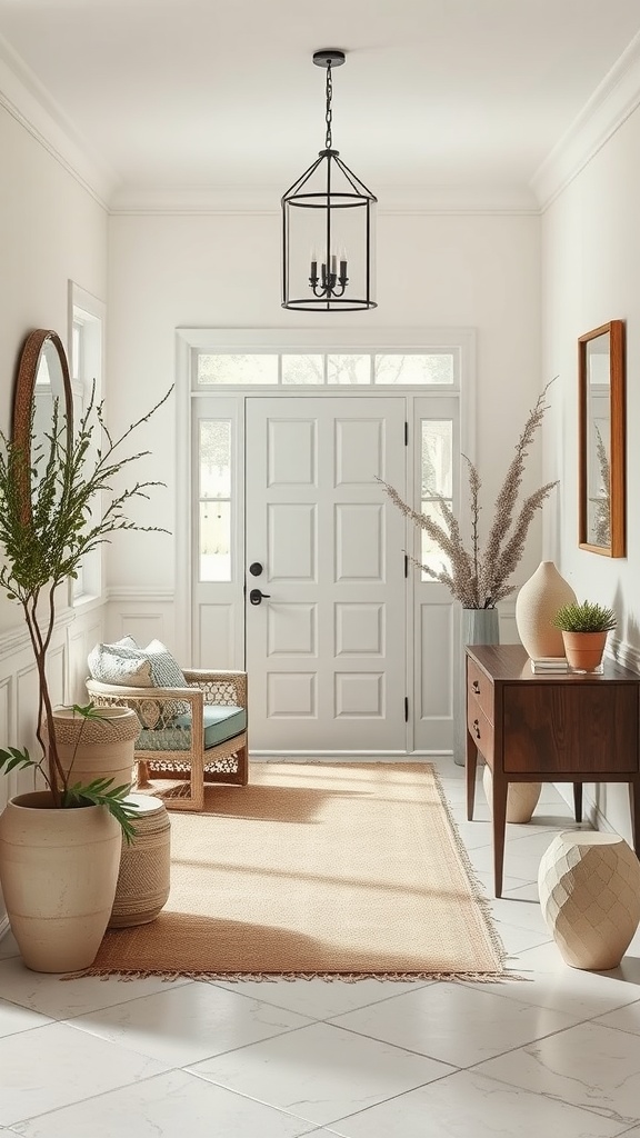 Minimalist entryway with soft-toned accessories and natural decor.