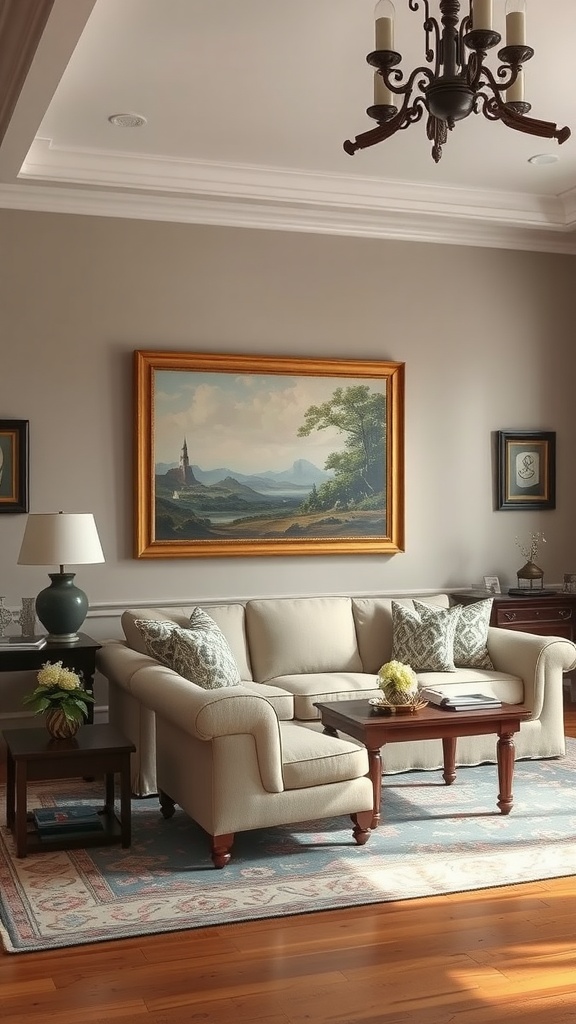 Cozy living room featuring a beige sofa, coffee table, and elegant artwork on the wall.
