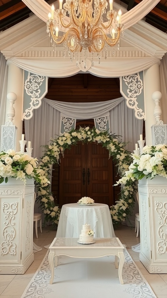 A beautifully decorated wedding venue with floral arrangements, elegant table settings, and a chandelier.