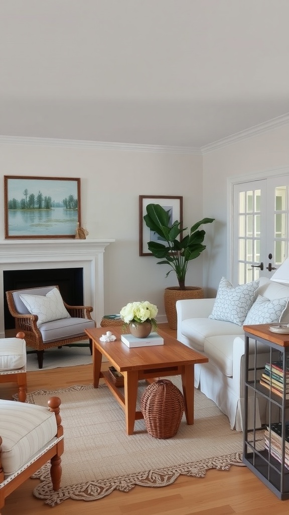 A cozy coastal cottage living room featuring light furniture and natural decor elements.