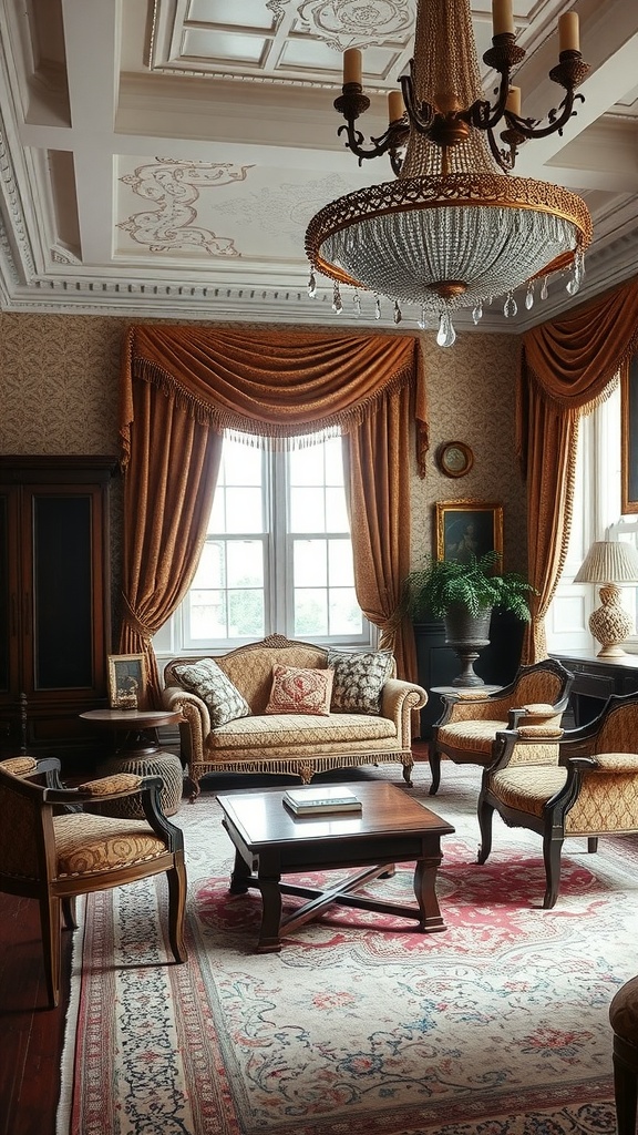A cozy living room with elegant textiles and furniture