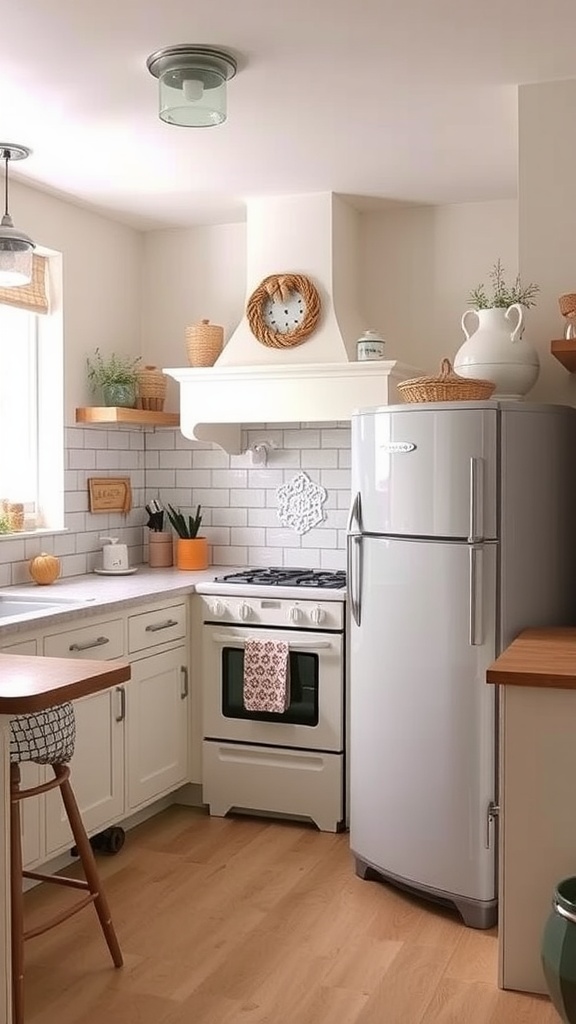 A cozy cottage kitchen featuring vintage appliances, with mint green cabinets and wooden accents.