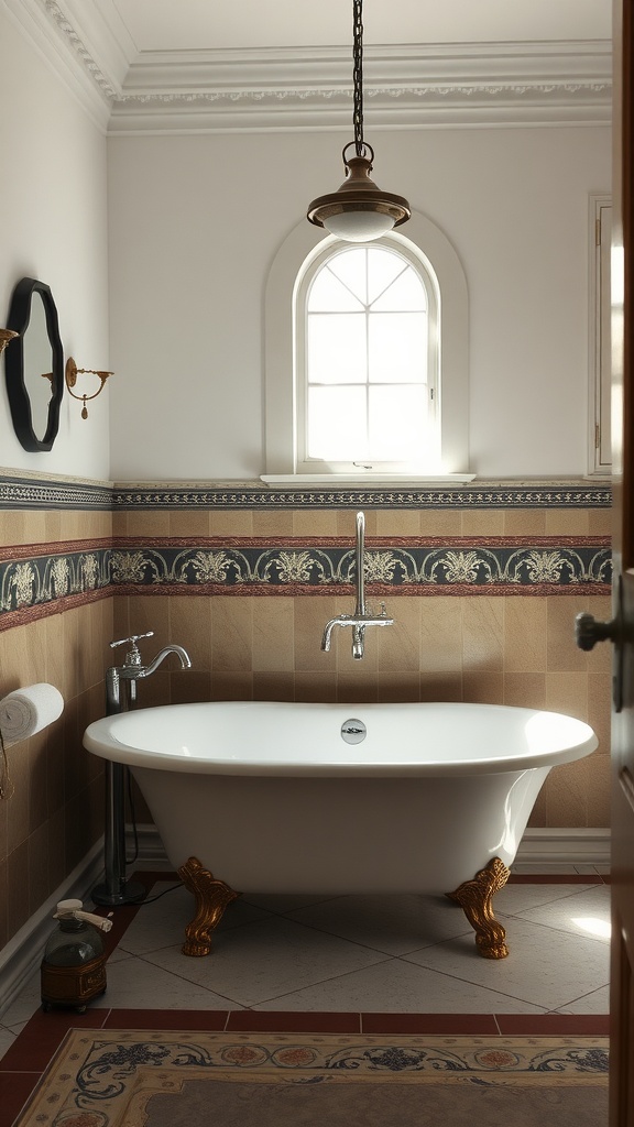 Traditional bathroom featuring a soaking tub with golden feet and warm natural light.