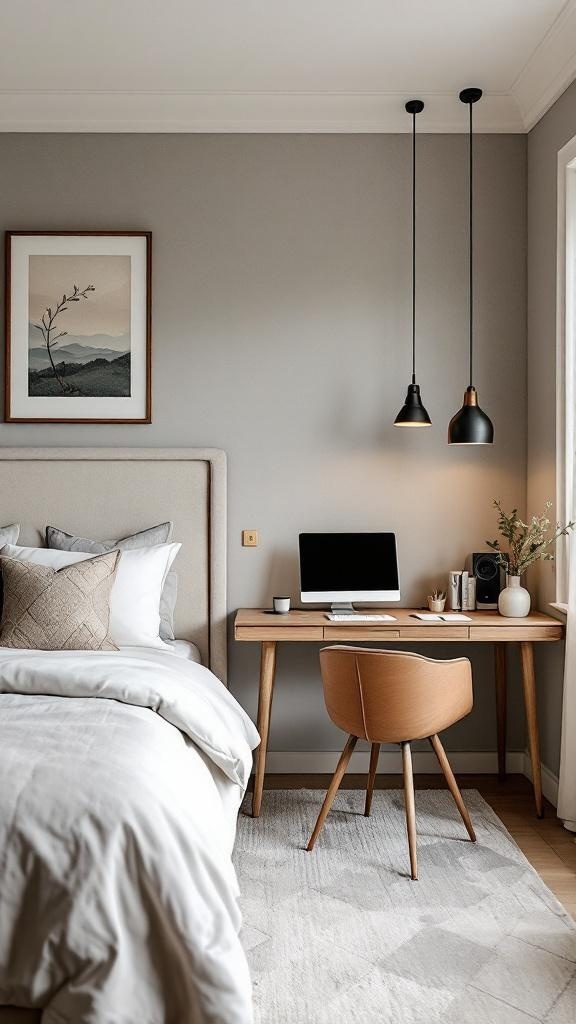 A cozy guest bedroom with a desk, comfortable chair, and modern decor.