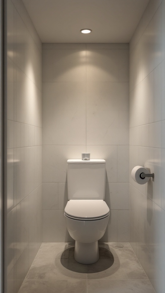 A small, modern toilet space located under stairs, featuring sleek tiles and simple design.