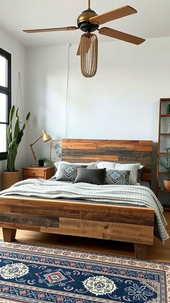 A cozy bedroom featuring a unique wooden bed frame with a rustic design.