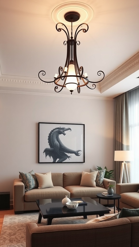 A stylish chandelier in a modern living room with cozy furniture.