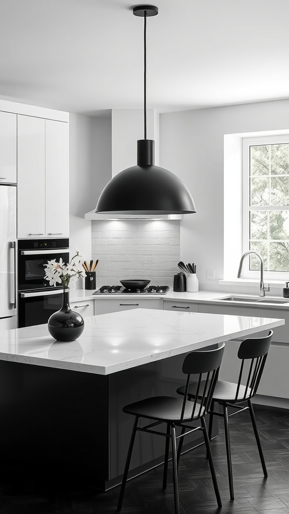 A modern kitchen featuring a large black pendant light above a white countertop.