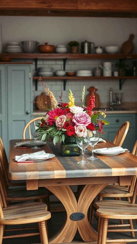 A cozy cottage kitchen table with a vibrant floral centerpiece and elegant table settings.