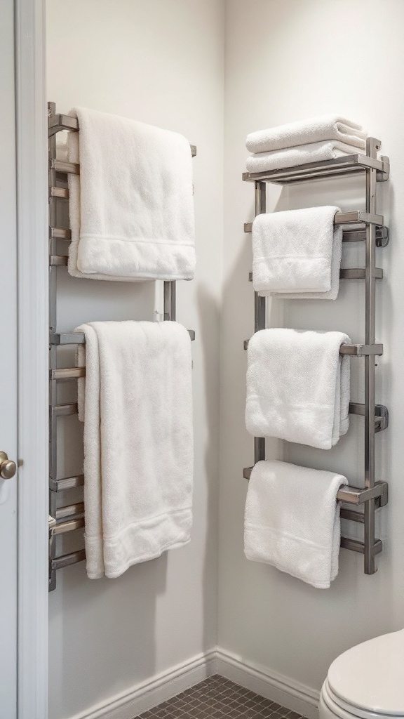 A modern towel storage solution with neatly arranged white towels on a wall-mounted rack.