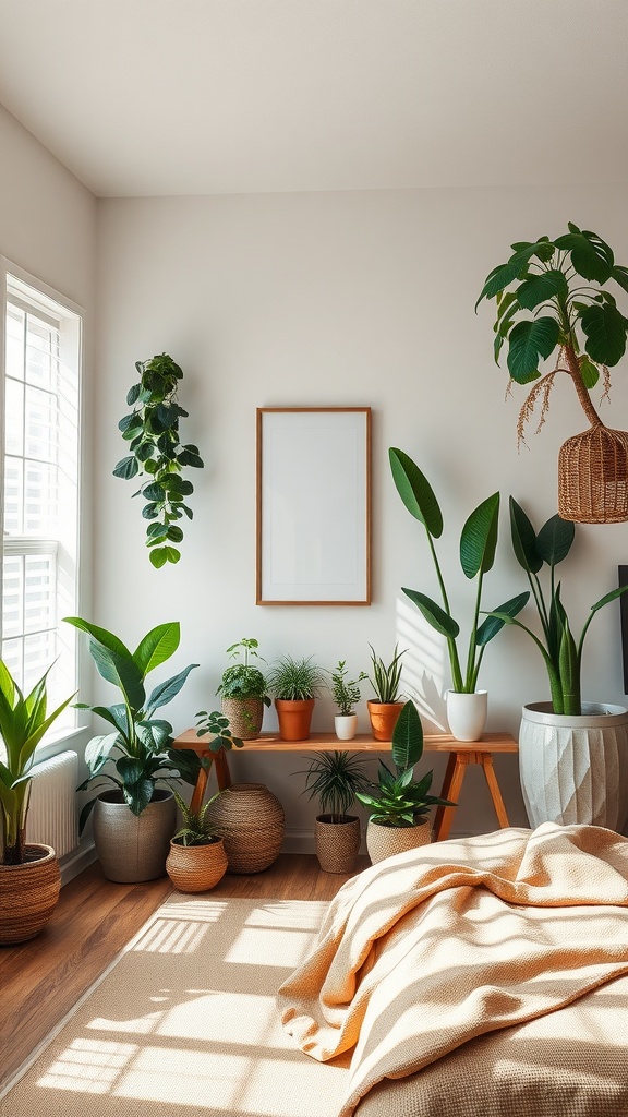 A cozy bedroom with various plants, a wooden shelf, and natural textures.