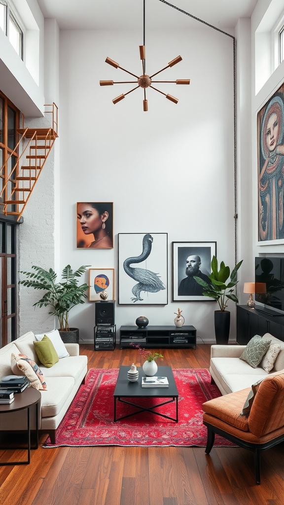A modern urban loft living room featuring high ceilings, stylish furniture, and vibrant artwork.