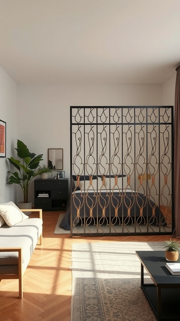 Stylish room divider separating a living area from a bedroom in a studio apartment.