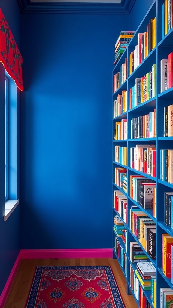 A home library with vibrant blue walls, colorful bookshelves, and a bright rug.