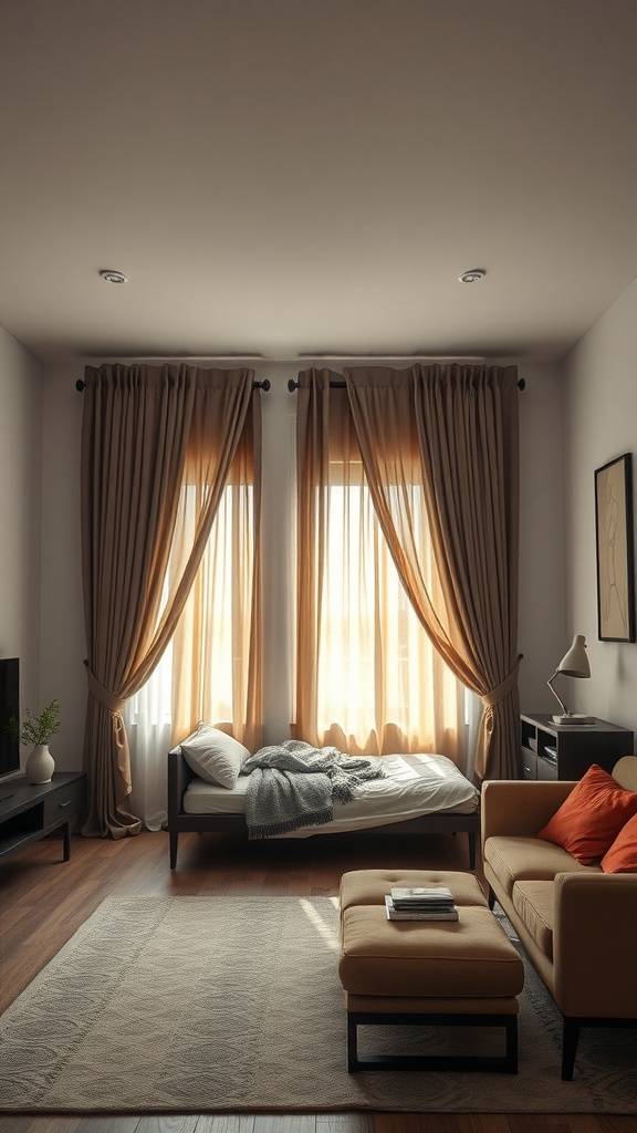 A cozy studio apartment living room with large curtains framing the windows, a couch, and a bed.