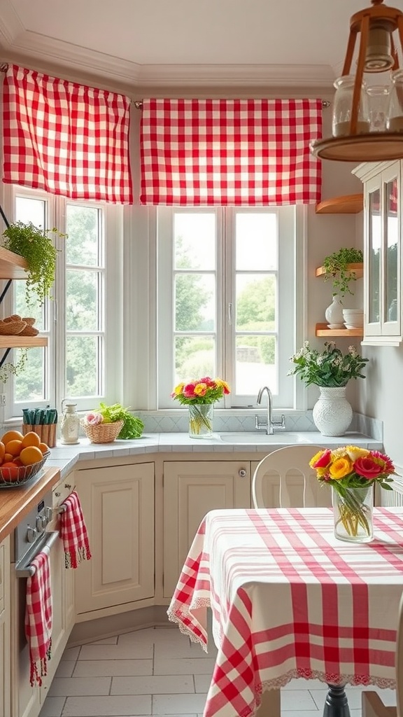 A cozy French country kitchen featuring checkered curtains and tablecloths in red and white.