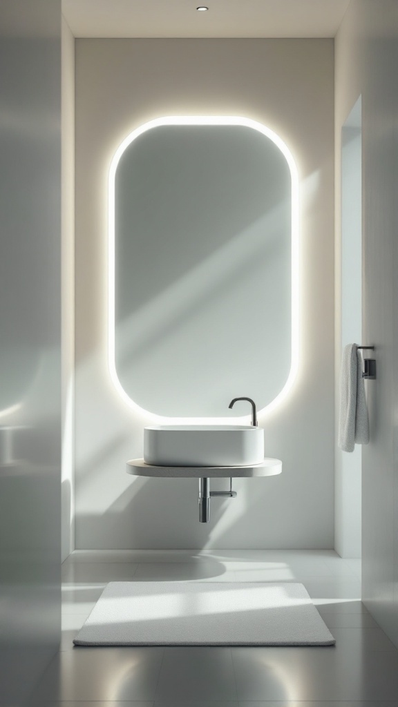 Modern small downstairs toilet with a backlit mirror and minimalist design.