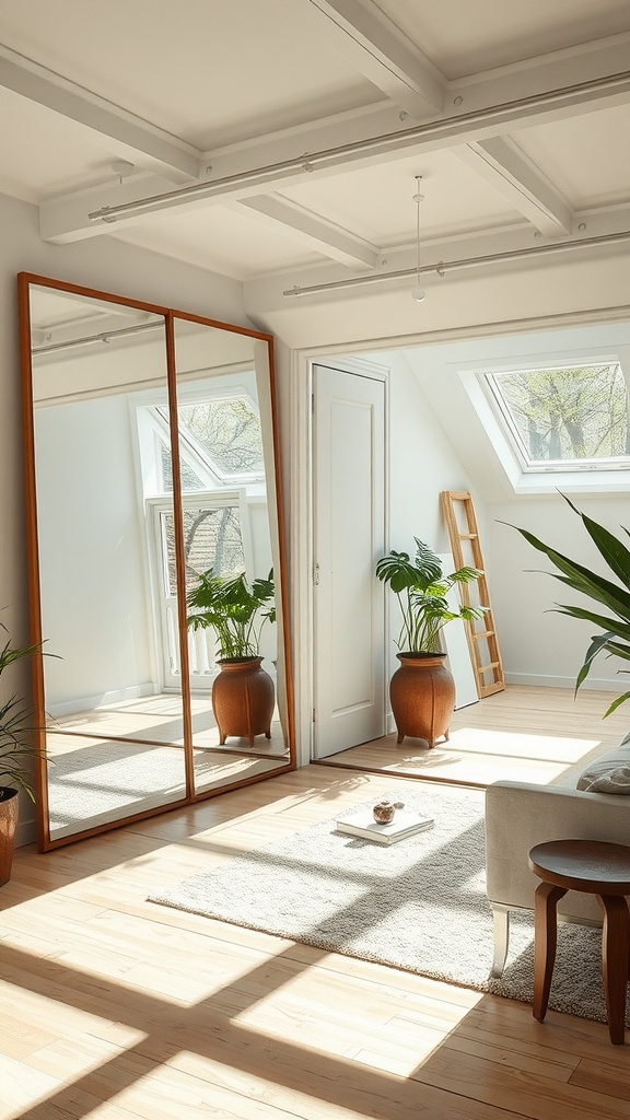 A well-lit studio apartment living room featuring a large mirror, plants, and cozy furniture.