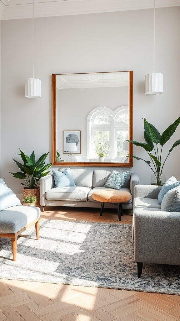 A cozy living room featuring a large mirror, modern furniture, and plants.