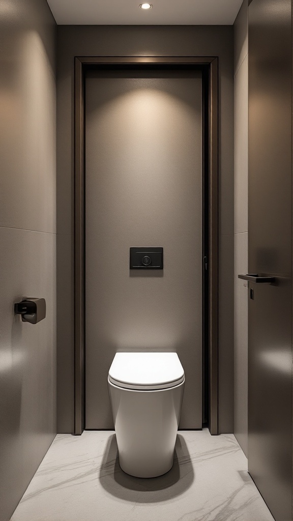 A small modern toilet with a pocket door design.
