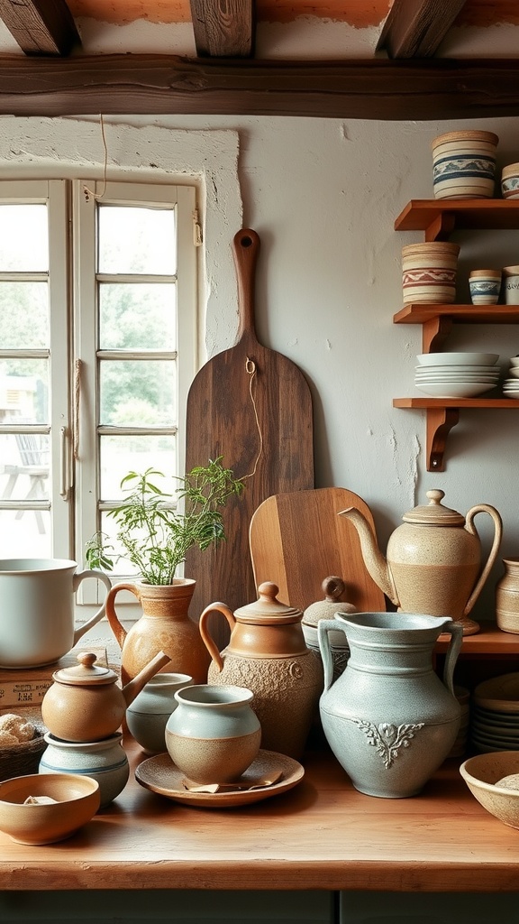 A collection of pottery and ceramics in a rustic kitchen setting.
