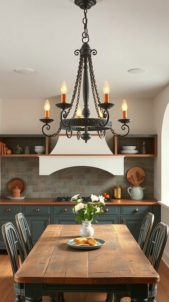 A rustic chandelier hangs above a wooden dining table in a cozy kitchen.