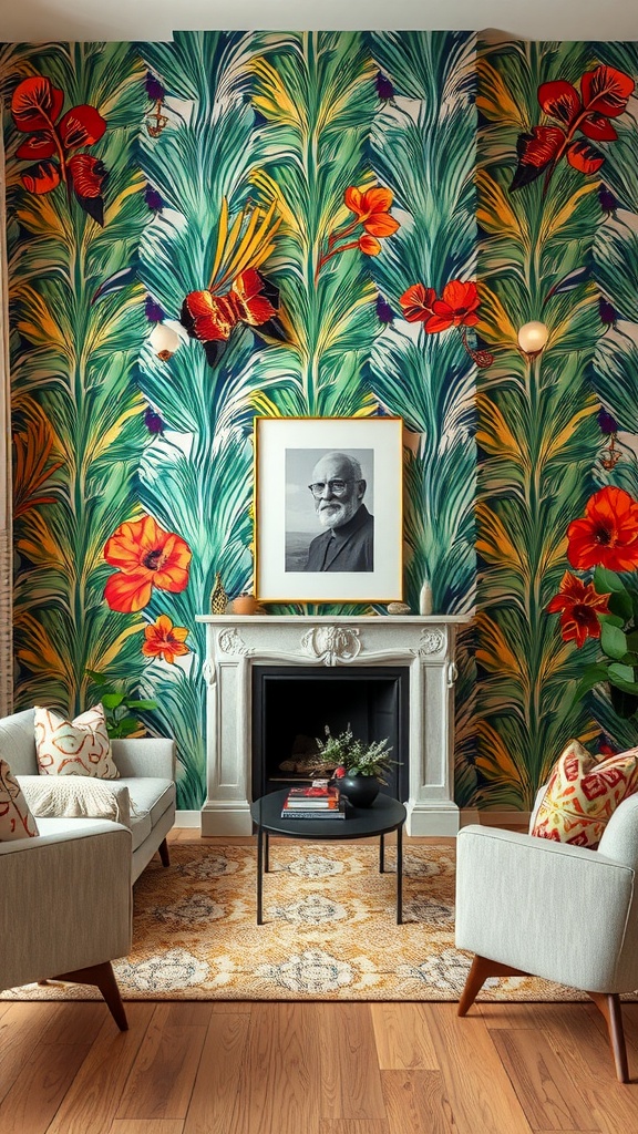 A living room featuring bold floral wallpaper, two cozy armchairs, and a coffee table with books.