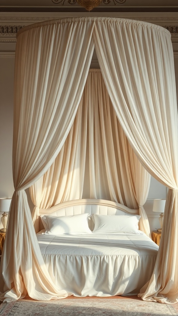 A beautifully draped canopy bed in a luxurious bedroom setting.