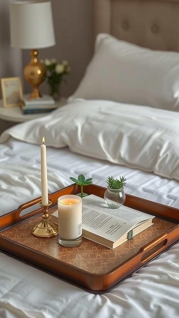 A decorative tray on a bed with a candle, a book, and a small plant.
