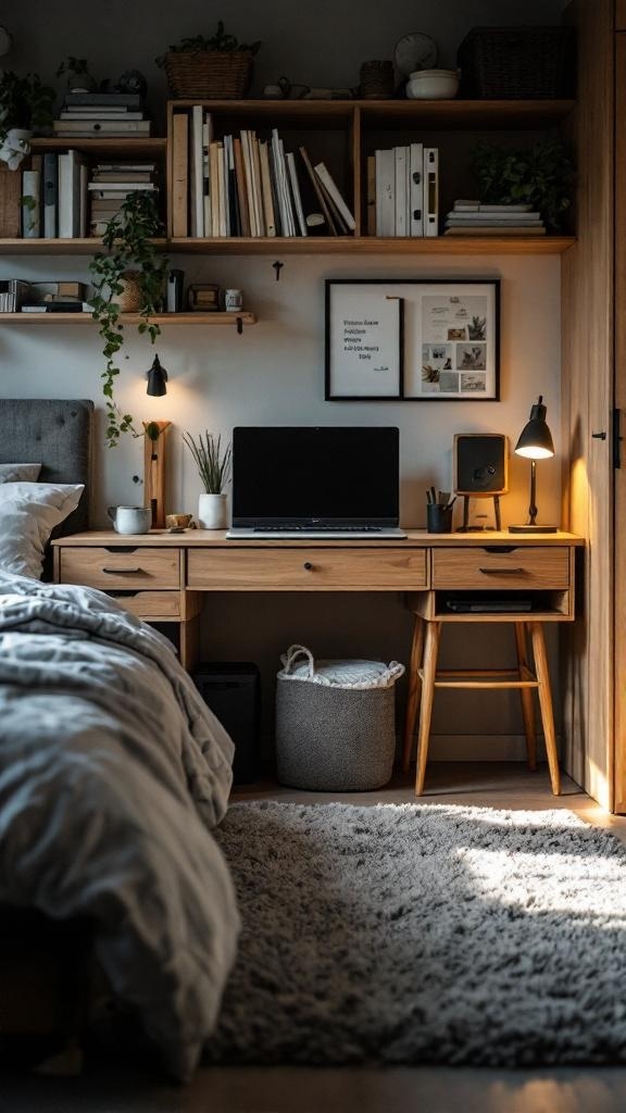 Guest bedroom and office with practical furniture and hidden storage solutions.