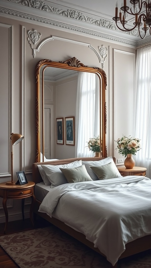 A luxurious bedroom featuring a large ornate mirror that reflects light, enhancing the room's brightness and elegance.