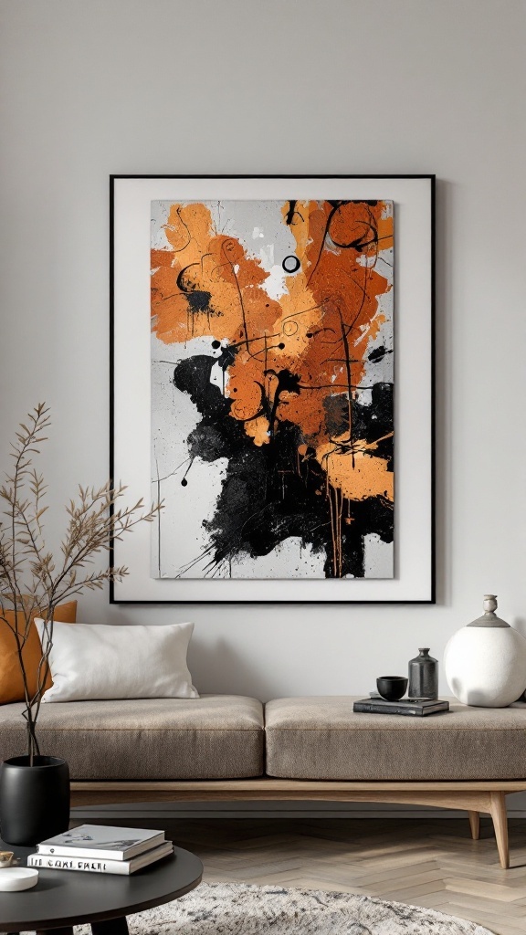 A black and rust living room featuring abstract art with a mirror reflecting the artwork.