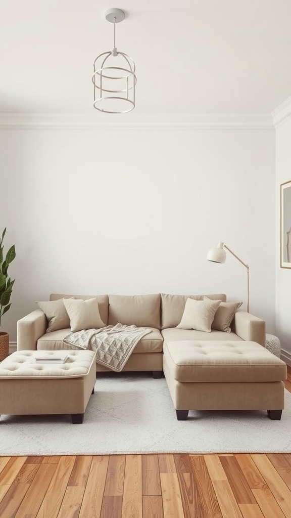 A stylish living room featuring a beige sectional sofa and ottoman on wooden flooring.