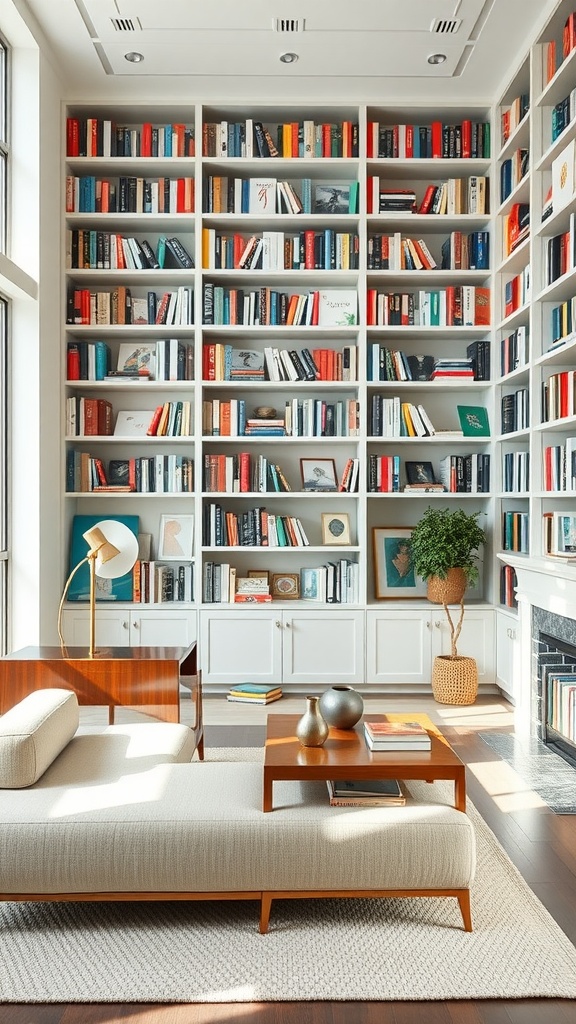 A cozy home library featuring multi-functional furniture, including a stylish sofa, coffee table, and extensive bookshelves.
