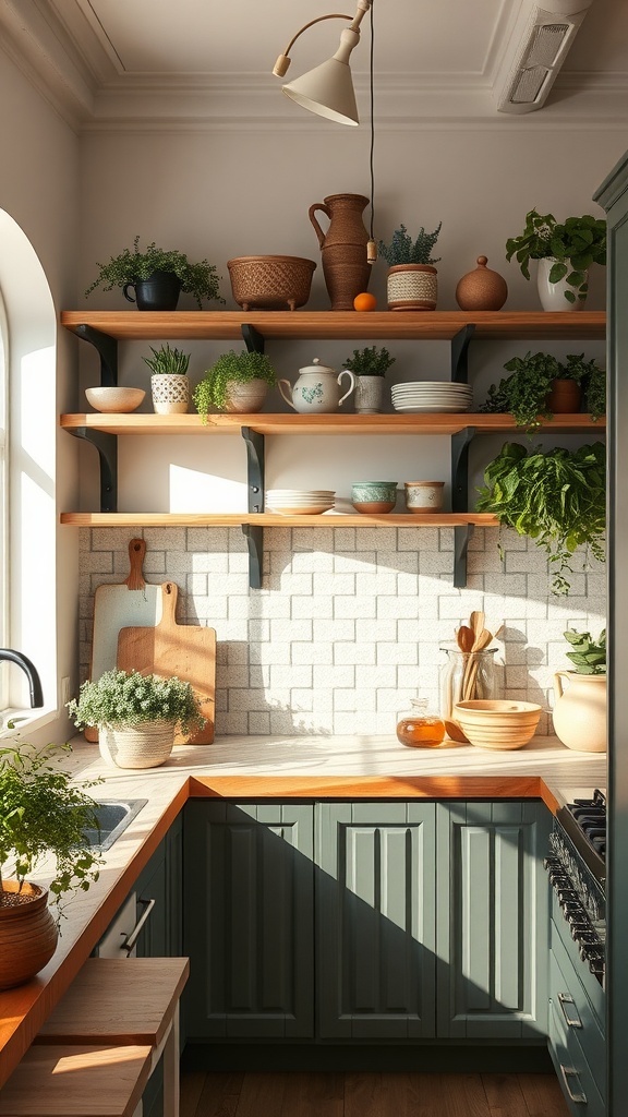 A cozy kitchen with open shelving displaying pots, plants, and kitchenware.