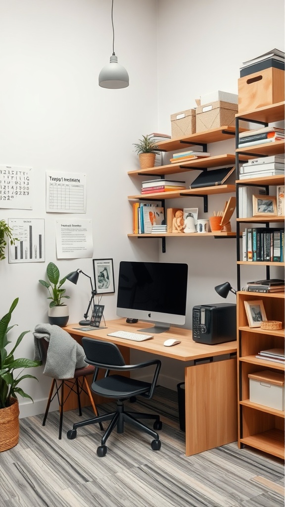 A cozy office area featuring a desk, computer, and shelves filled with books and plants.