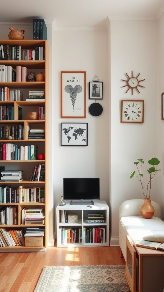 Cozy studio apartment living room with a tall bookshelf, wall art, and a small TV.