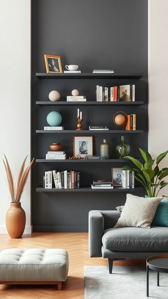A stylish living room with wall-mounted shelves displaying books, decorative items, and plants.