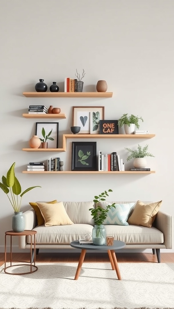 Stylish wall shelves with decorative items above a modern couch.
