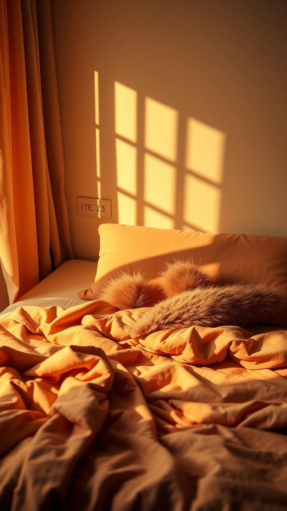 Cozy bed with warm orange and yellow accents, showcasing soft bedding and sunlight filtering through.