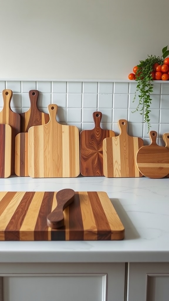 A collection of wooden cutting boards displayed on a kitchen countertop.