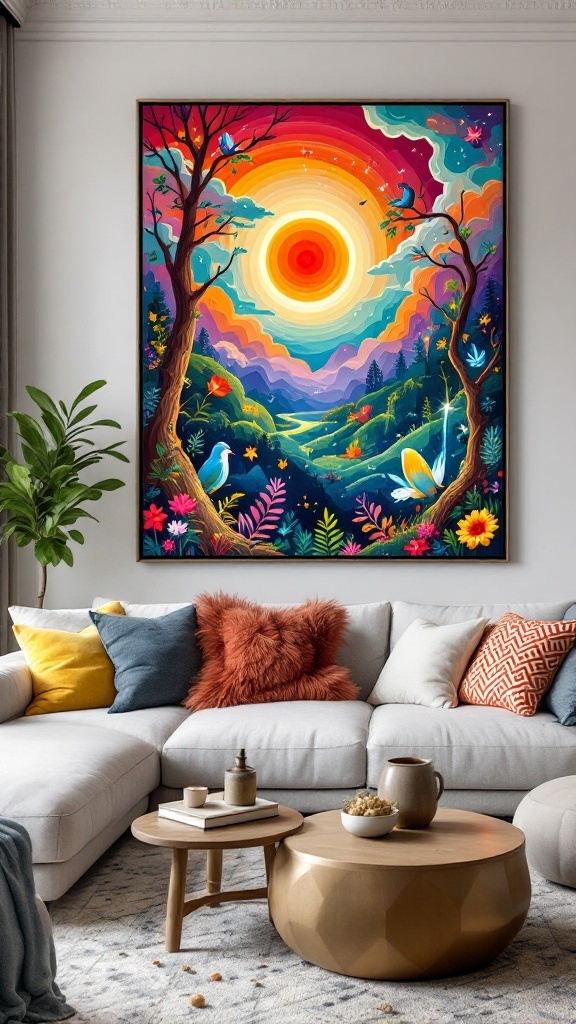 Colorful landscape artwork featuring a sunset, trees, and vibrant flowers in a cozy living room setting.