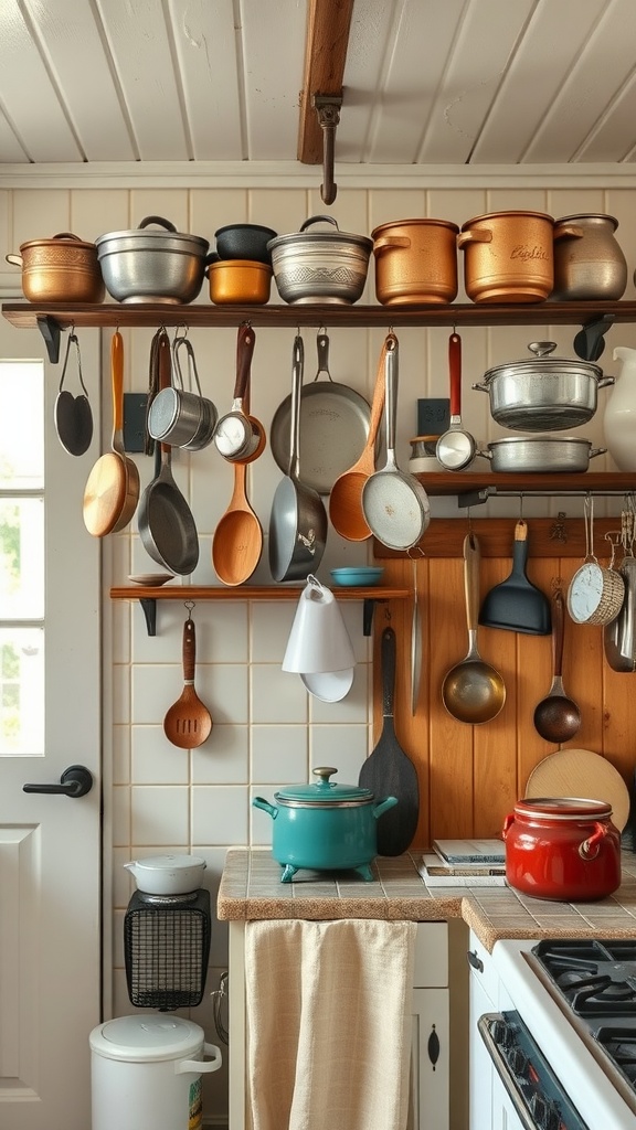 A cozy cottage kitchen with vintage cookware hanging from racks, showcasing various pots and utensils.