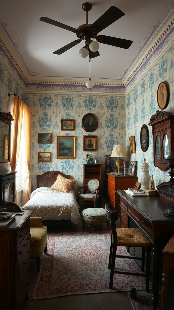 A vintage-inspired bedroom featuring antique furniture and decorative items.
