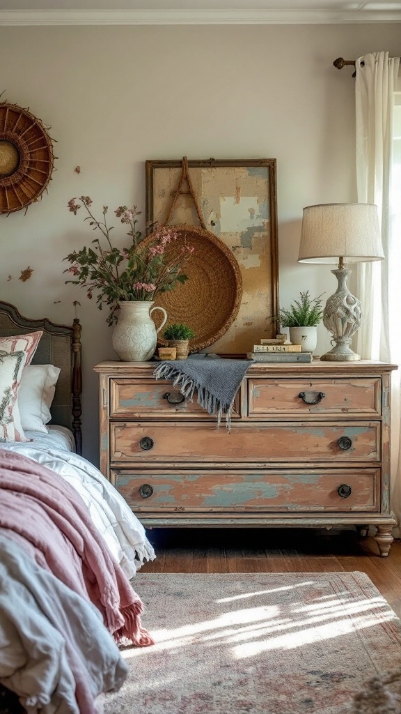 A vintage dresser with soft textiles and decorative accents in a cozy bedroom setting.