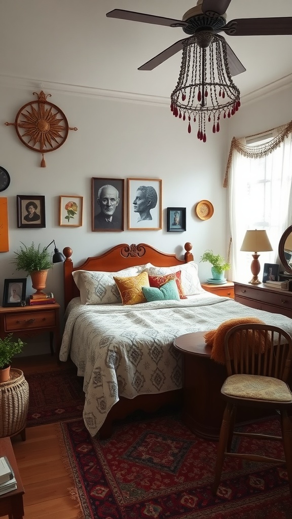 A cozy boho bedroom featuring vintage furniture, vibrant pillows, and unique decor.