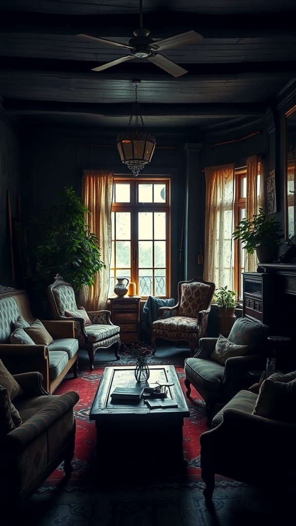 A cozy dark boho living room with vintage furniture and warm lighting.
