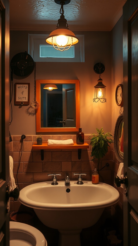 A cozy boho bathroom setup featuring vintage lighting fixtures.